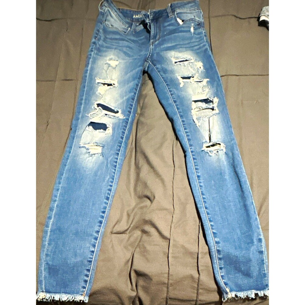 American Eagle Blue Medium Wash High-Rise Super Stretch Distressed Jeans 4 Reg